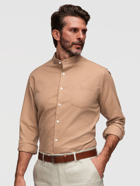 Ombre Clothing Herren-Leinenhemd mit Stehkragen und Tasche REGULAR FIT - hellbraun V7 K704 Ombre Clothing