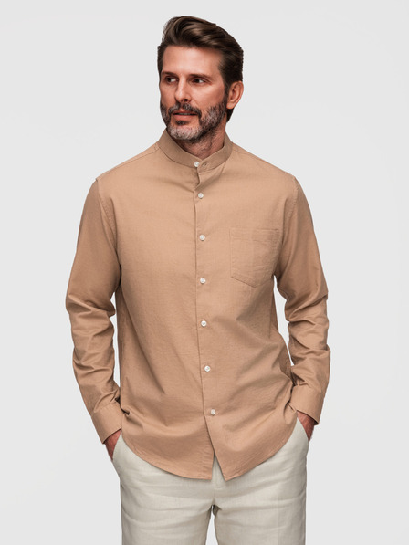 Ombre Clothing Herren-Leinenhemd mit Stehkragen und Tasche REGULAR FIT - hellbraun V7 K704 Ombre Clothing