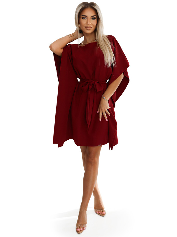 numoco SOFIA Schmetterlings-Kleid mit Taillenbindung - weinrot