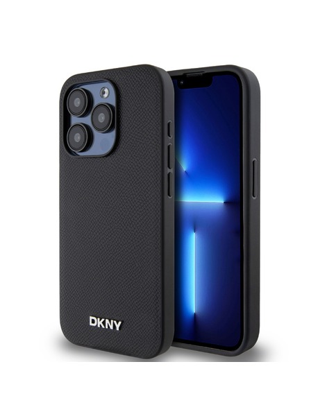 DKNY PU Leder Silber Metall Logo Magsafe Schutzhülle für iPhone 15 Pro Schwarz DKNY