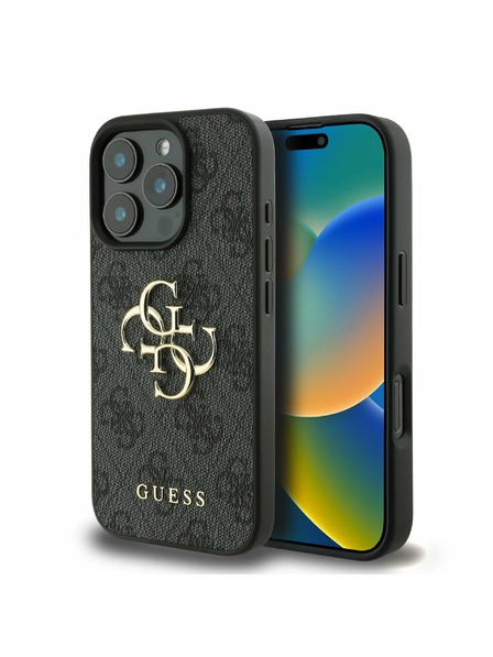 Guess Guess PU 4G Metall-Logo-Rückseite für iPhone 16 Pro Grau