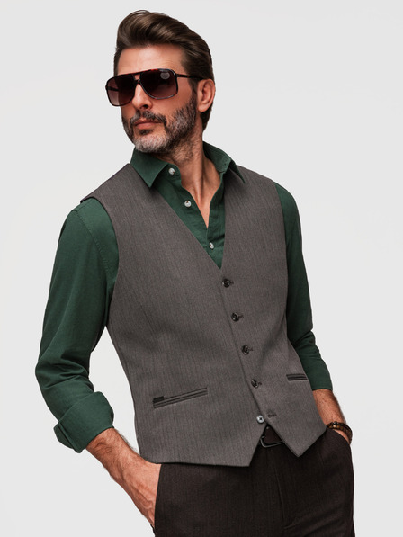 Ombre Clothing Klassische elegante Herren-Weste SLIM FIT in Fischgrätmuster - Graphit V2 V65 Ombre Clothing