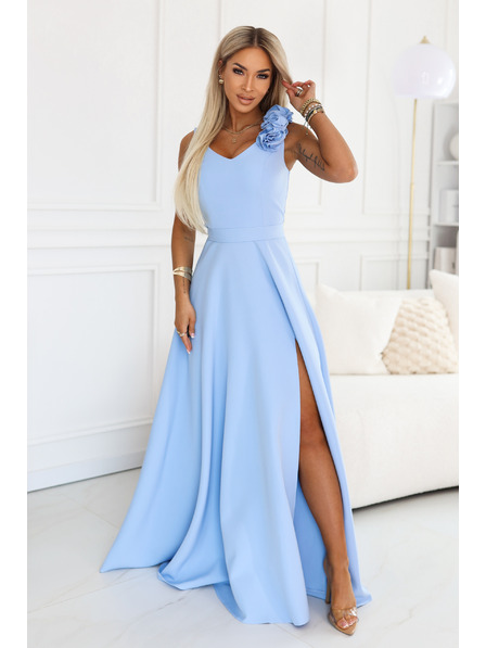 numoco Elegantes Abend-Maxikleid mit Schlitz und Rosen - Hellblau