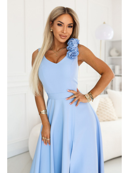 numoco Elegantes Abend-Maxikleid mit Schlitz und Rosen - Hellblau