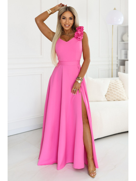 numoco Elegantes Abend-Maxikleid mit Schlitz und Rosen - Zuckerbäcker-Rosa