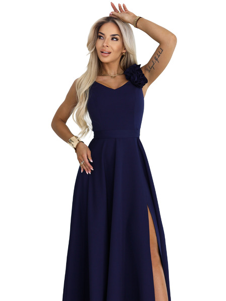 numoco Elegante abendliche Maxikleider mit Schlitz und Rosen - Marineblau