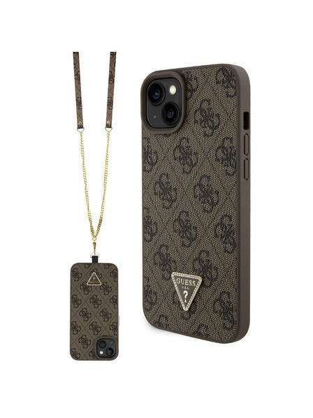Guess Guess PU 4G Strass Triangle Metal Logo Rückenabdeckung + Crossbody Riemen für iPhone 15 Plus Brown