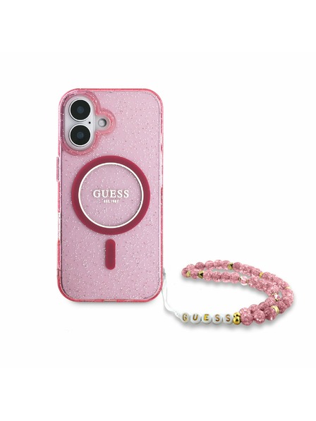 Guess Guess IML Glitter Strap MagSafe Rückenabdeckung für iPhone 16 Plus Pink