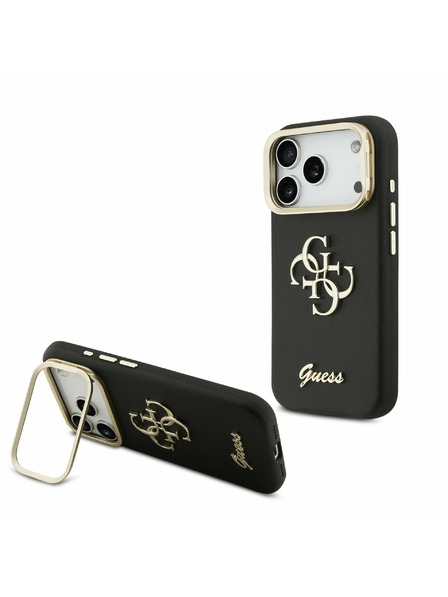 Guess Guess PU Grained 4G Logo Stand Kamerarahmen Rückenschale für iPhone 17 Pro Schwarz