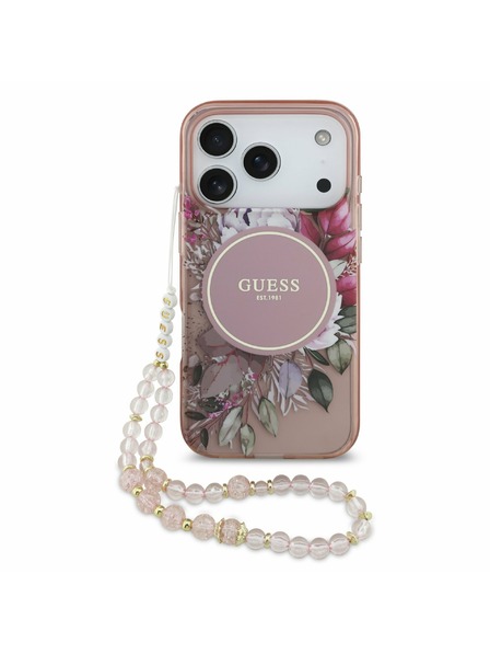 Guess Guess IML Flowers Strap MagSafe Rückenschale für iPhone 17 Pro Rosa