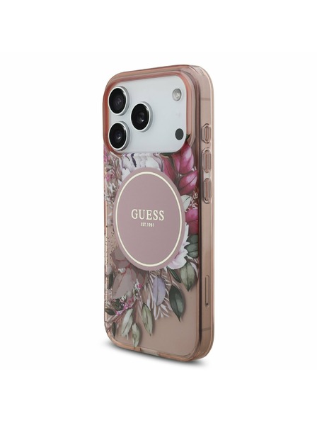 Guess Guess IML Flowers Strap MagSafe Rückenschale für iPhone 17 Pro Rosa