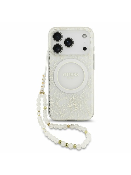 Guess Guess IML Flowers Allover Strap MagSafe Rückenschale für iPhone 17 Pro Weiß