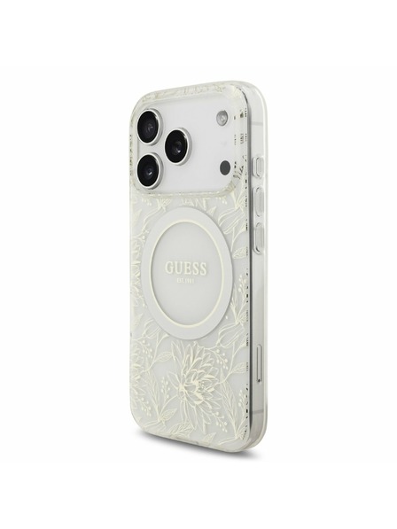 Guess Guess IML Flowers Allover Strap MagSafe Rückenschale für iPhone 17 Pro Weiß