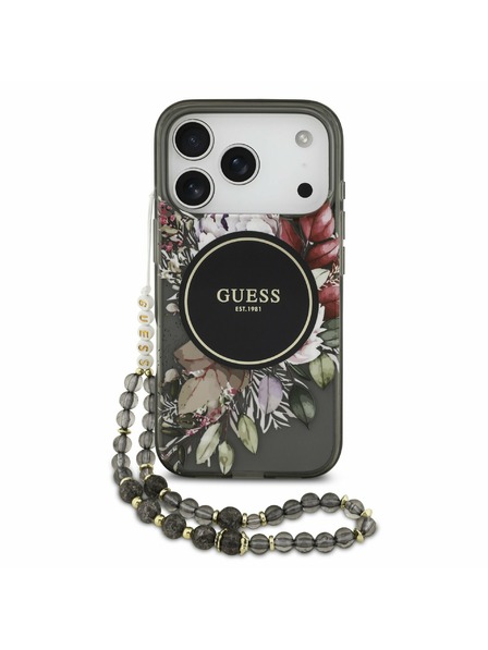 Guess Guess IML Flowers Strap MagSafe Rückenschale für iPhone 17 Pro Schwarz
