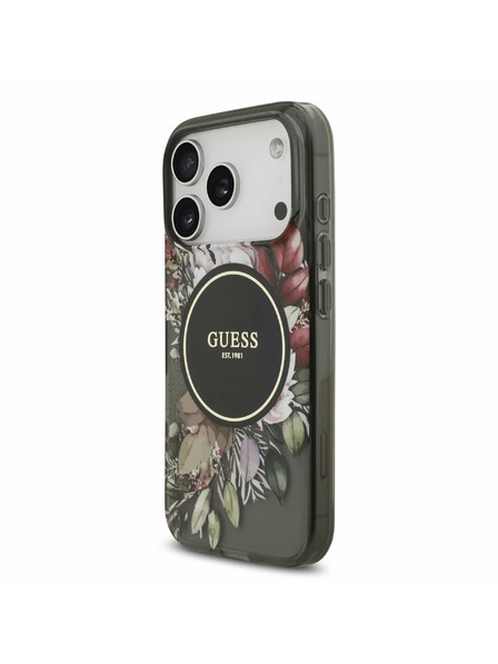 Guess Guess IML Flowers Strap MagSafe Rückenschale für iPhone 17 Pro Schwarz