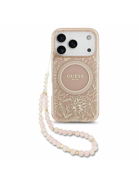 Guess Guess IML Flowers Allover Strap MagSafe Rückenschale für iPhone 17 Pro Rosa