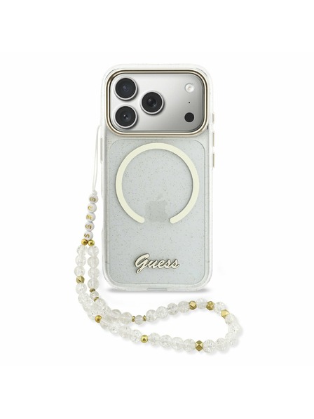 Guess Guess IML Glitter Script Strap MagSafe Rückenschale für iPhone 17 Pro Transparent