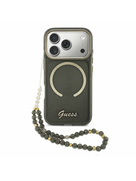 Guess Guess IML Glitter Script Strap MagSafe Rückenschale für iPhone 17 Pro Schwarz