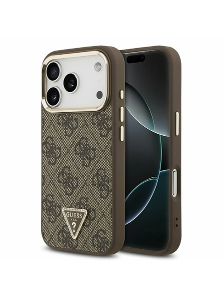 Guess Guess PU Leder 4G Strass Triangle Logo Gold Frame MagSafe Rückseite für iPhone 17 Pro Braun
