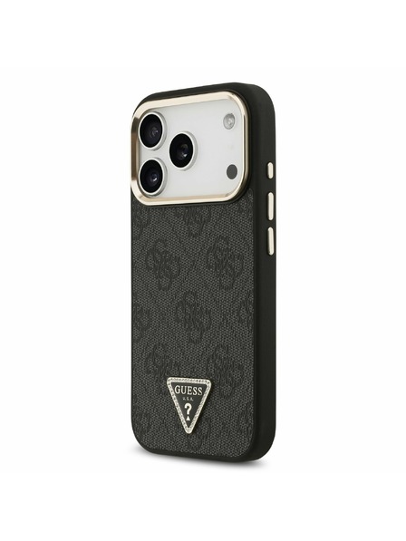 Guess Guess PU Leder 4G Strass Triangle Logo Gold Frame MagSafe Rückseite für iPhone 17 Pro Schwarz