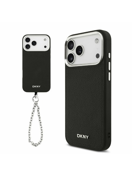DKNY DKNY PU Leather Metal Logo Wrist Chain MagSafe Rückseite für iPhone 17 Pro Max Black