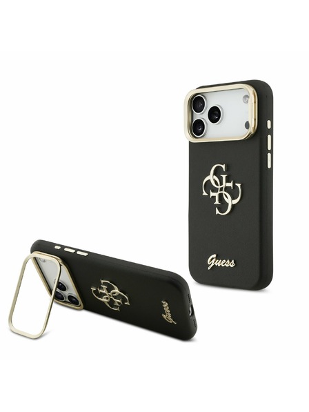 Guess Guess PU Grained 4G Logo Stand Kamerarahmen Rückseitenschutz für iPhone 17 Pro Max Schwarz