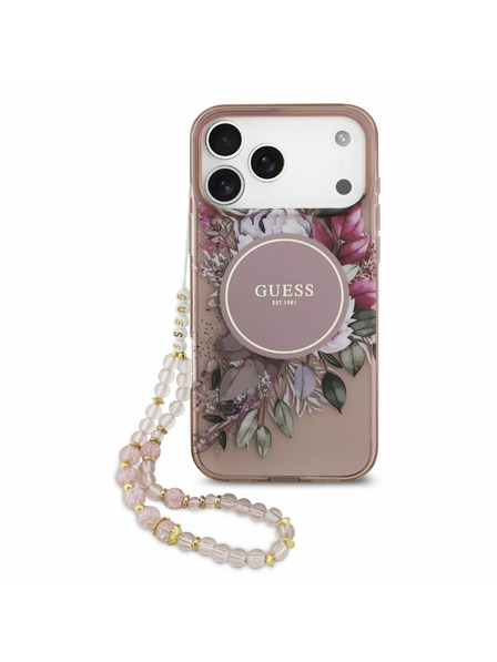 Guess Guess IML Flowers Strap MagSafe Rückseitenschutz für iPhone 17 Pro Max Rosa