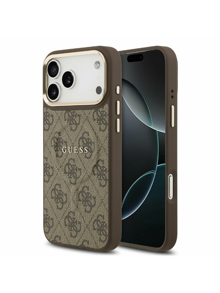 Guess Guess PU Leather 4G Gold Frame MagSafe Rückseitenschutz für iPhone 17 Pro Max Braun
