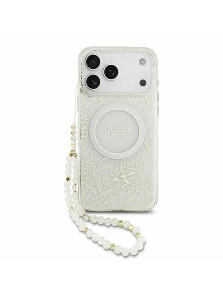 Guess Guess IML Flowers Allover Strap MagSafe Rückseitenschutz für iPhone 17 Pro Max Weiß