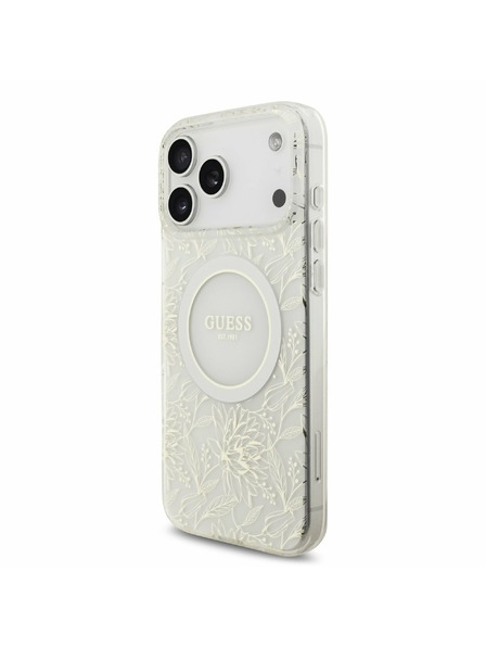 Guess Guess IML Flowers Allover Strap MagSafe Rückseitenschutz für iPhone 17 Pro Max Weiß