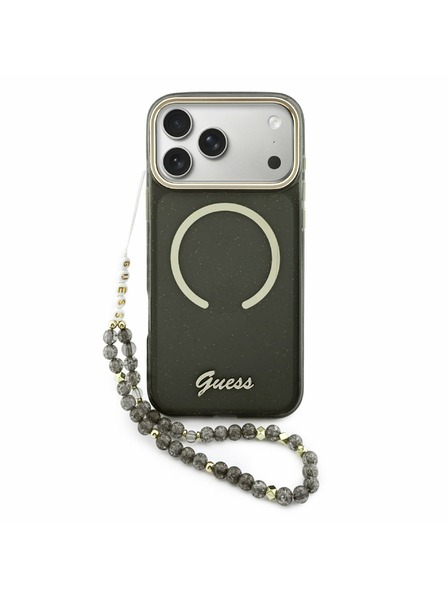 Guess Guess IML Glitter Script Strap MagSafe Rückseitenschutz für iPhone 17 Pro Max Schwarz