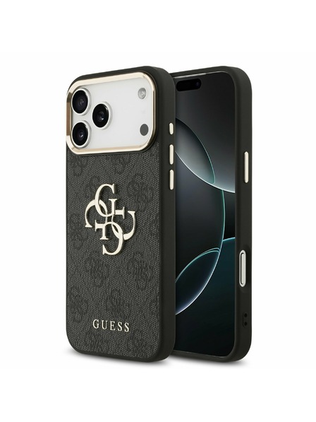 Guess Guess PU Leather 4G Metalllogo Goldrahmen Rückseitenschutz für iPhone 17 Pro Max Schwarz