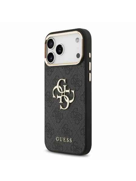 Guess Guess PU Leather 4G Metalllogo Goldrahmen Rückseitenschutz für iPhone 17 Pro Max Schwarz