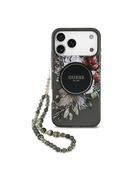 Guess Guess IML Flowers Riemen MagSafe Rückseitenschutz für iPhone 17 Pro Max Schwarz