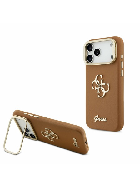 Guess Guess PU Grained 4G Logo Ständer Kamerarahmen Rückseitenschutz für iPhone 17 Pro Max Braun