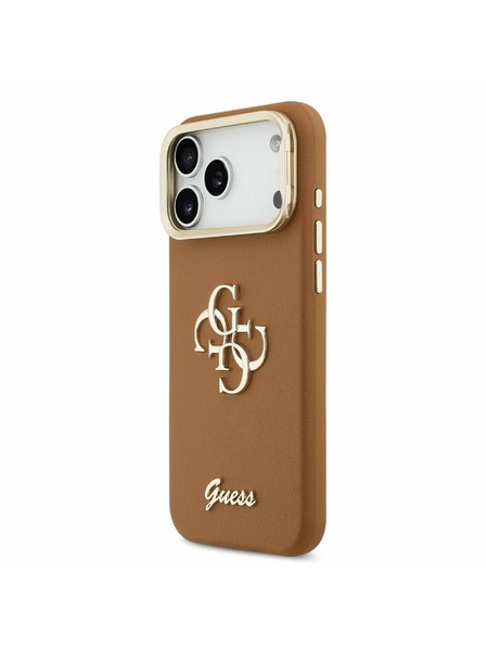 Guess Guess PU Grained 4G Logo Ständer Kamerarahmen Rückseitenschutz für iPhone 17 Pro Max Braun