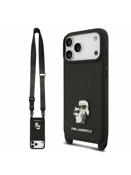 Karl Lagerfeld Karl Lagerfeld Saffiano Crossbody Riemen Metall Karl und Choupette Rückseitenschutz für iPhone 17 Pro Max Schwarz