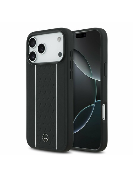 Mercedes Mercedes Leather Star Pattern and Stripes MagSafe Rückseitenschutz für iPhone 17 Pro Max Schwarz/Weiß