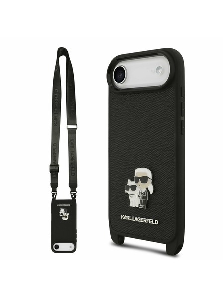 Karl Lagerfeld Karl Lagerfeld Saffiano Crossbody Riemen Metal Karl and Choupette Rückseitenschutz für iPhone Air Schwarz