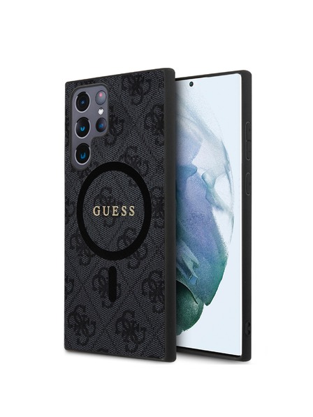 Guess Guess PU Leder 4G Farbiger Ring MagSafe Rückseitenschutz für Samsung Galaxy S24 Ultra Schwarz