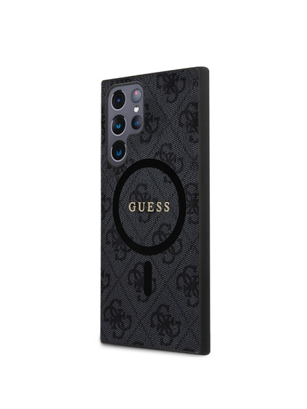 Guess Guess PU Leder 4G Farbiger Ring MagSafe Rückseitenschutz für Samsung Galaxy S24 Ultra Schwarz