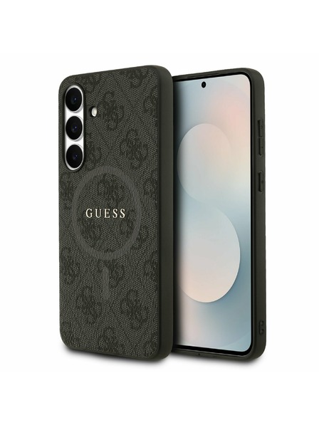 Guess Guess PU Leder 4G Farbiger Ring MagSafe Rückseitenschutz für Samsung Galaxy S25 FE Schwarz