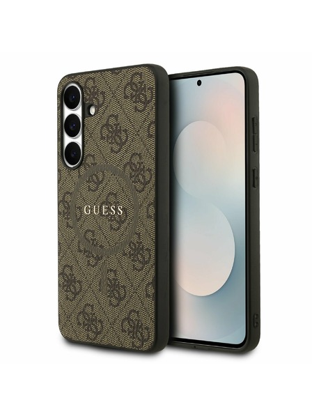 Guess Guess PU Leder 4G Farbiger Ring MagSafe Rückseitenschutz für Samsung Galaxy S25 FE Braun
