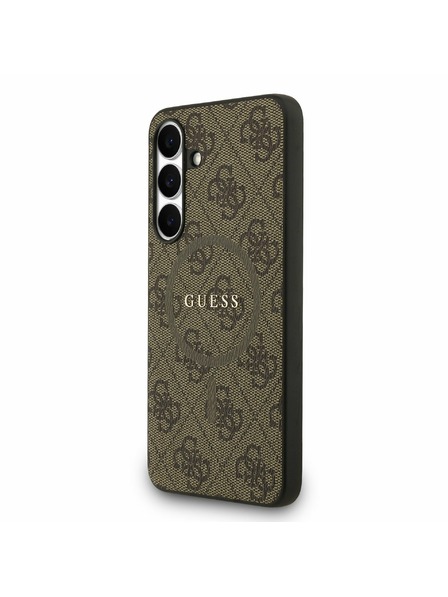 Guess Guess PU Leder 4G Farbiger Ring MagSafe Rückseitenschutz für Samsung Galaxy S25 FE Braun