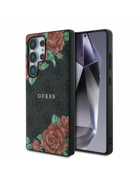 Guess Guess PU Leder 4G Blumendruck Metal Classic Logo MagSafe Rückseitenschutz für Samsung Galaxy S25 Ultra Schwarz