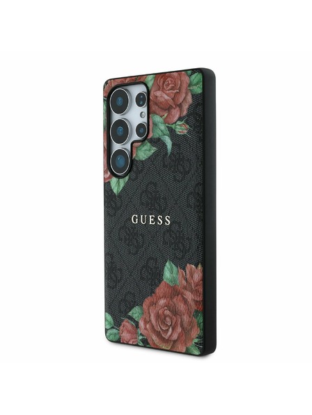 Guess Guess PU Leder 4G Blumendruck Metal Classic Logo MagSafe Rückseitenschutz für Samsung Galaxy S25 Ultra Schwarz