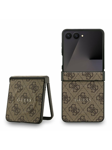 Guess Guess PU Leder 4G Farbiger Ring Magnetisch Rückseitenschutz für Samsung Galaxy Z Flip 7 Braun