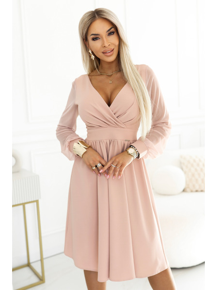 numoco Umschlagkragen ausgestelltes Midi-Kleid mit Tüllärmeln - beige