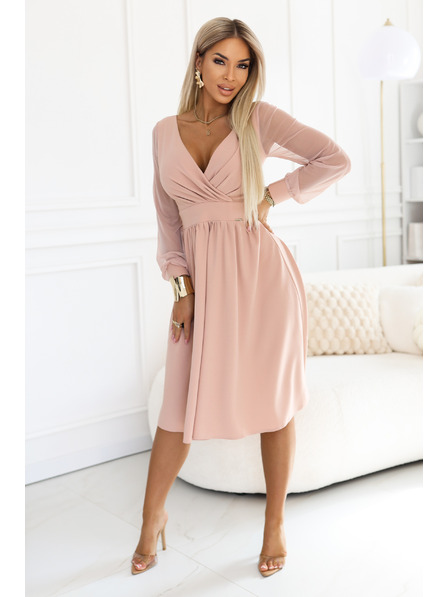 numoco Umschlagkragen ausgestelltes Midi-Kleid mit Tüllärmeln - beige