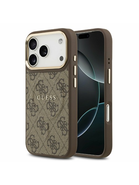 Guess Guess PU Leder 4G Gold Frame MagSafe Rückseite für iPhone 17 Pro Brown